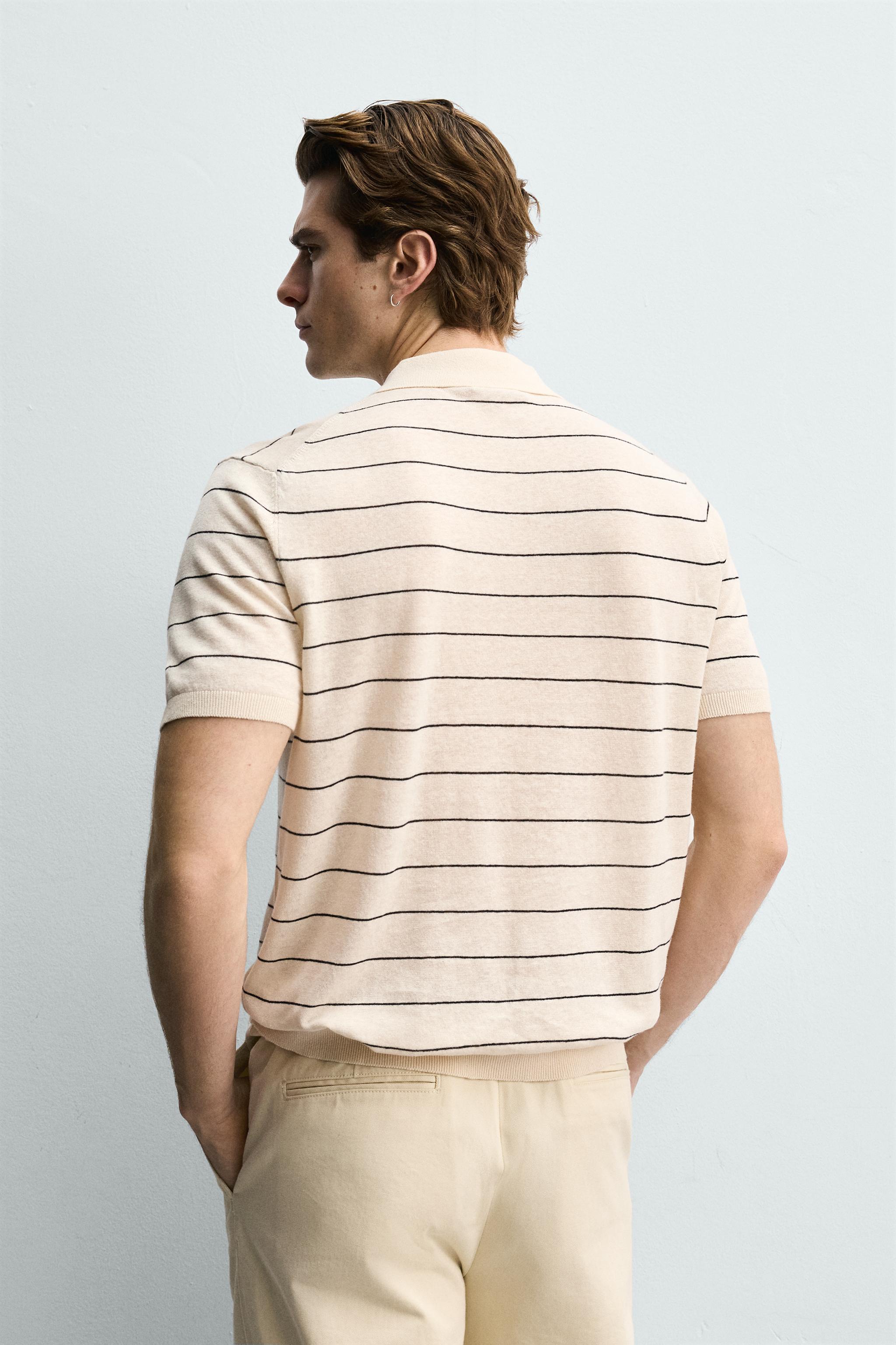 STRIPED LINEN-COTTON KNIT POLO SHIRT